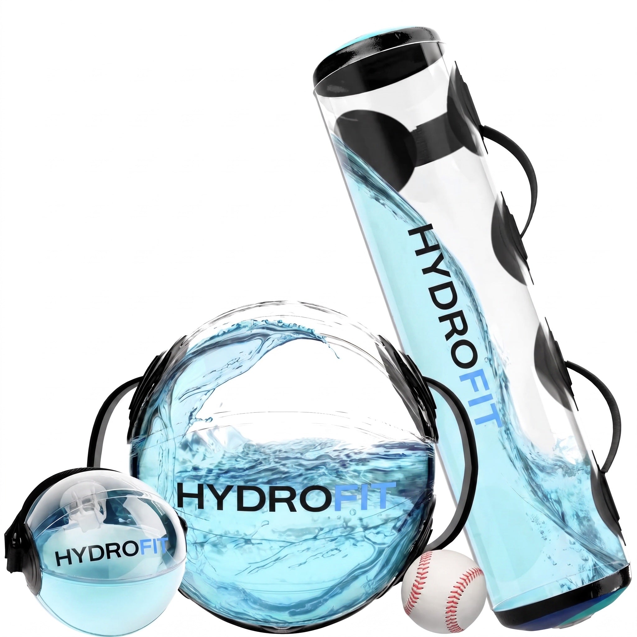 HydroFit baseball training system — water-filled tube, sphere and hand ball with a baseball.