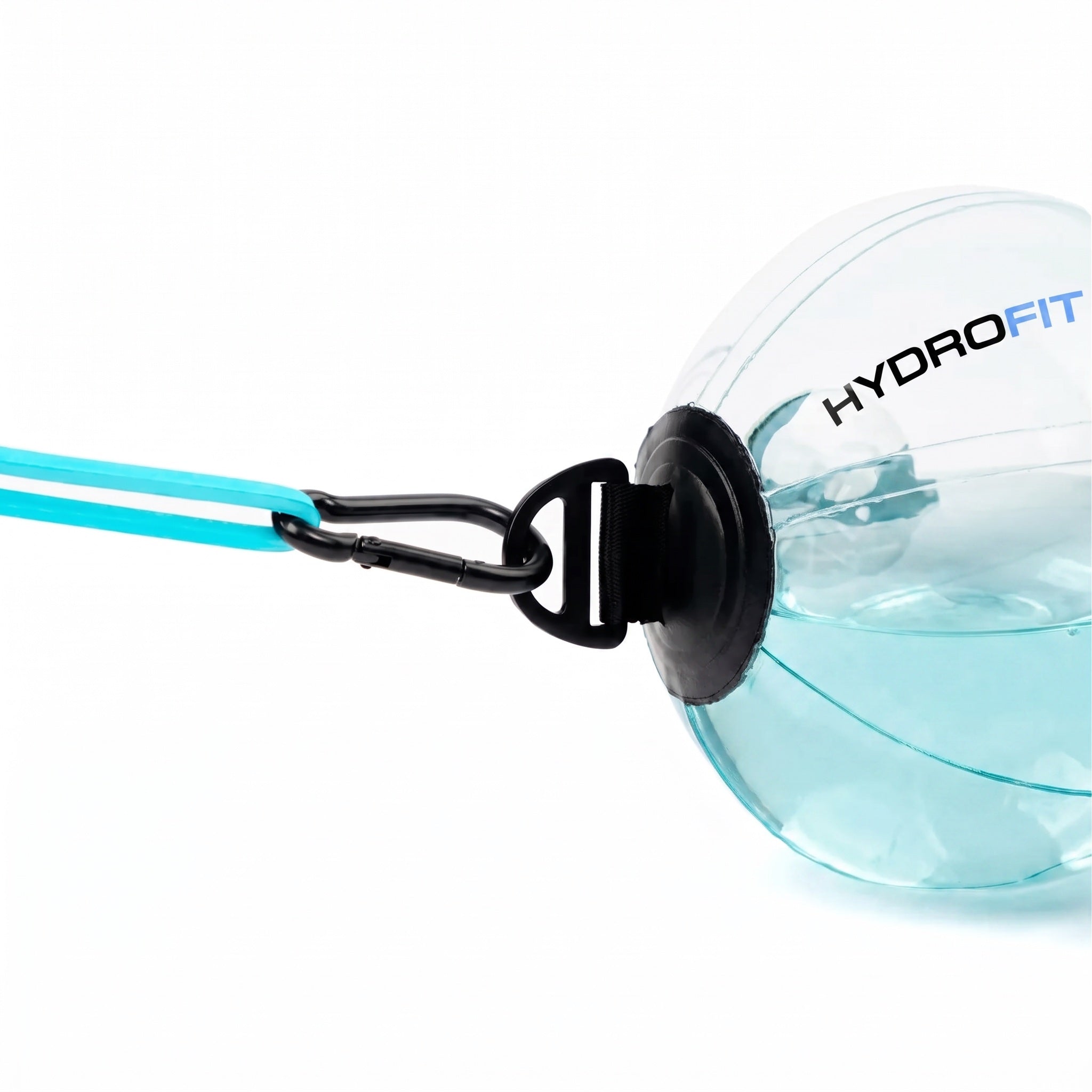Close-up of a HydroFit water ball clipped to a resistance band by its carabiner.