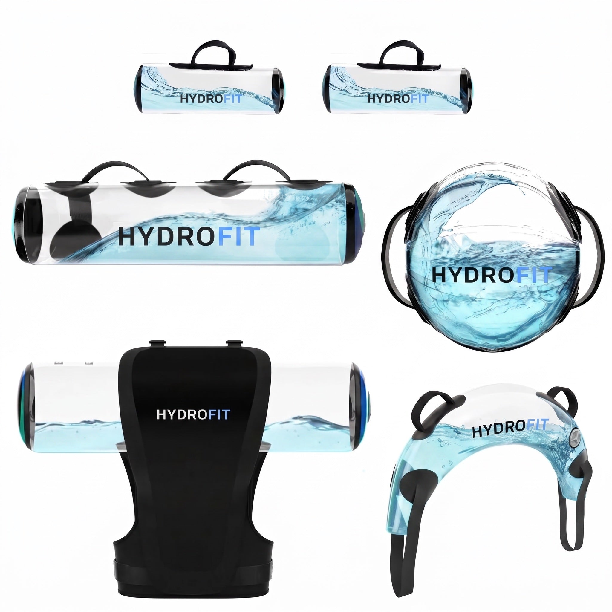 HydroFit martial arts system — weighted vest, water bags, sphere and grip rings.