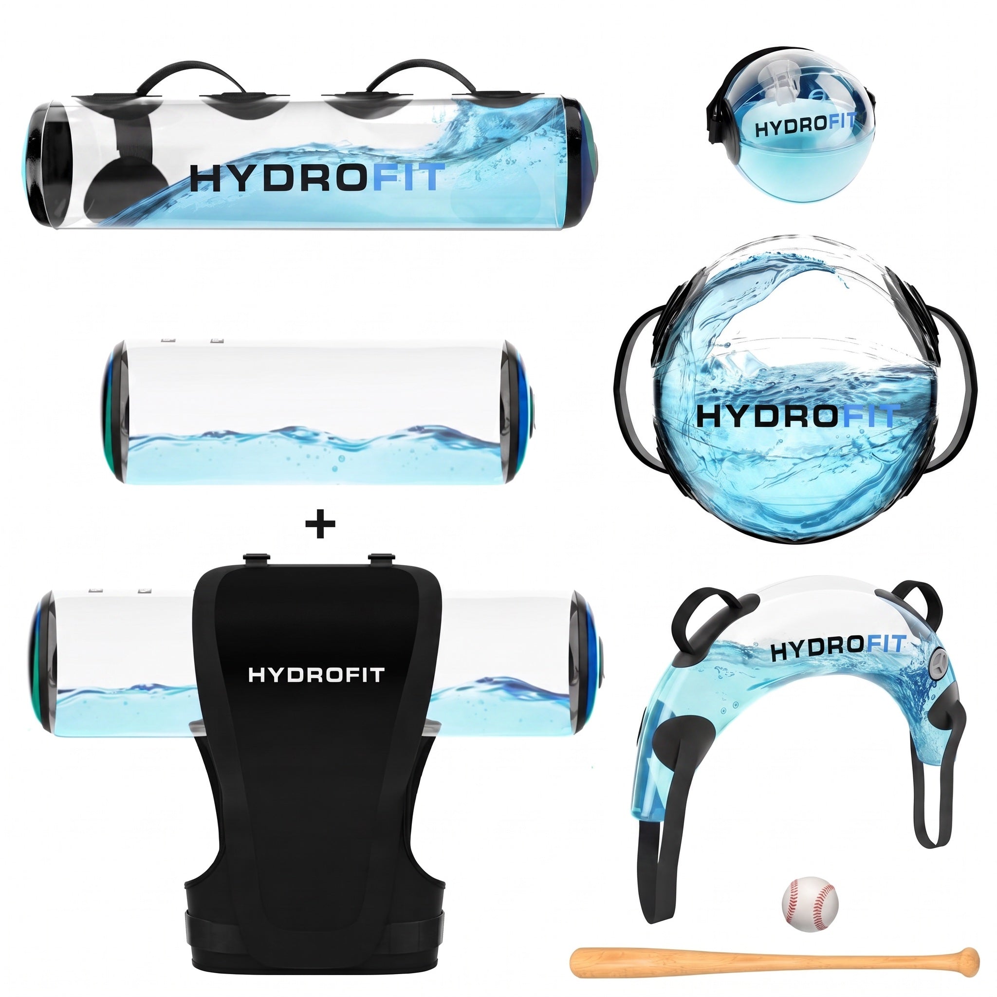 The full HydroFit range — water tubes, spheres, a weighted vest and hand tools.