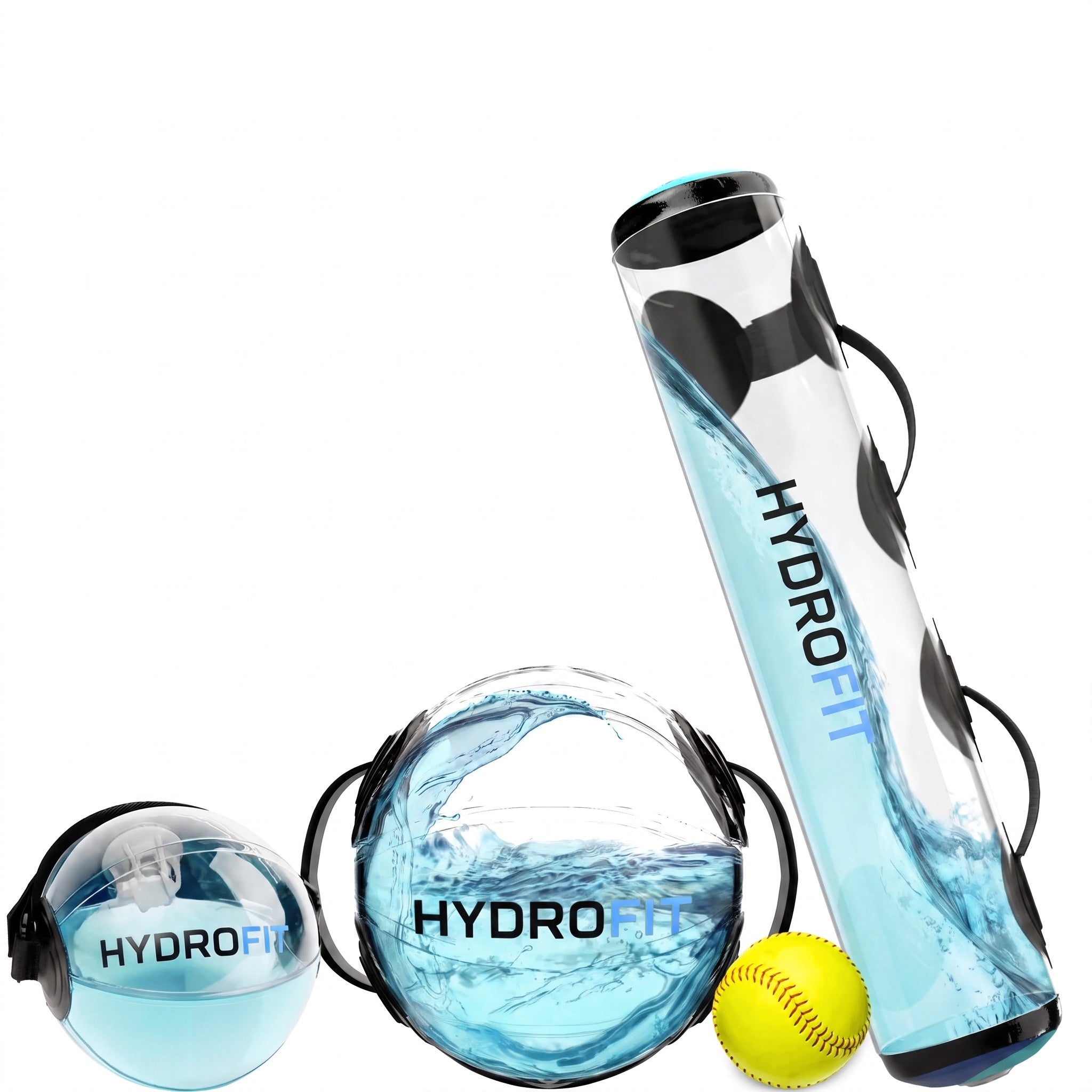 HydroFit softball training system — water tube, sphere and hand ball with a softball.