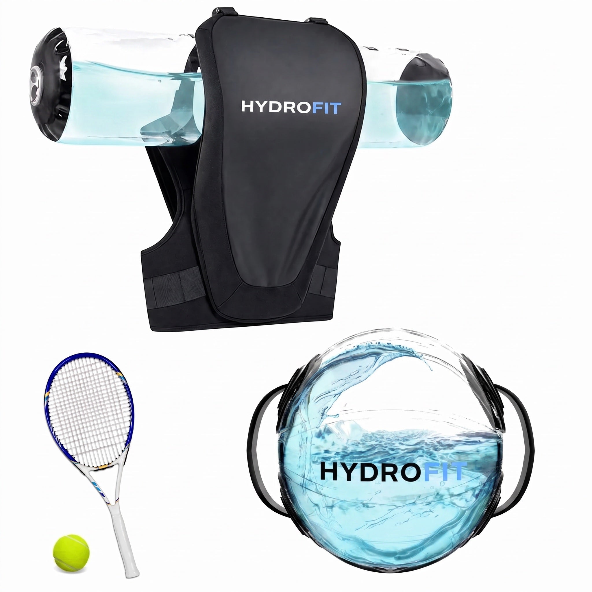 HydroFit tennis package — weighted vest, water tube, sphere and a racket.