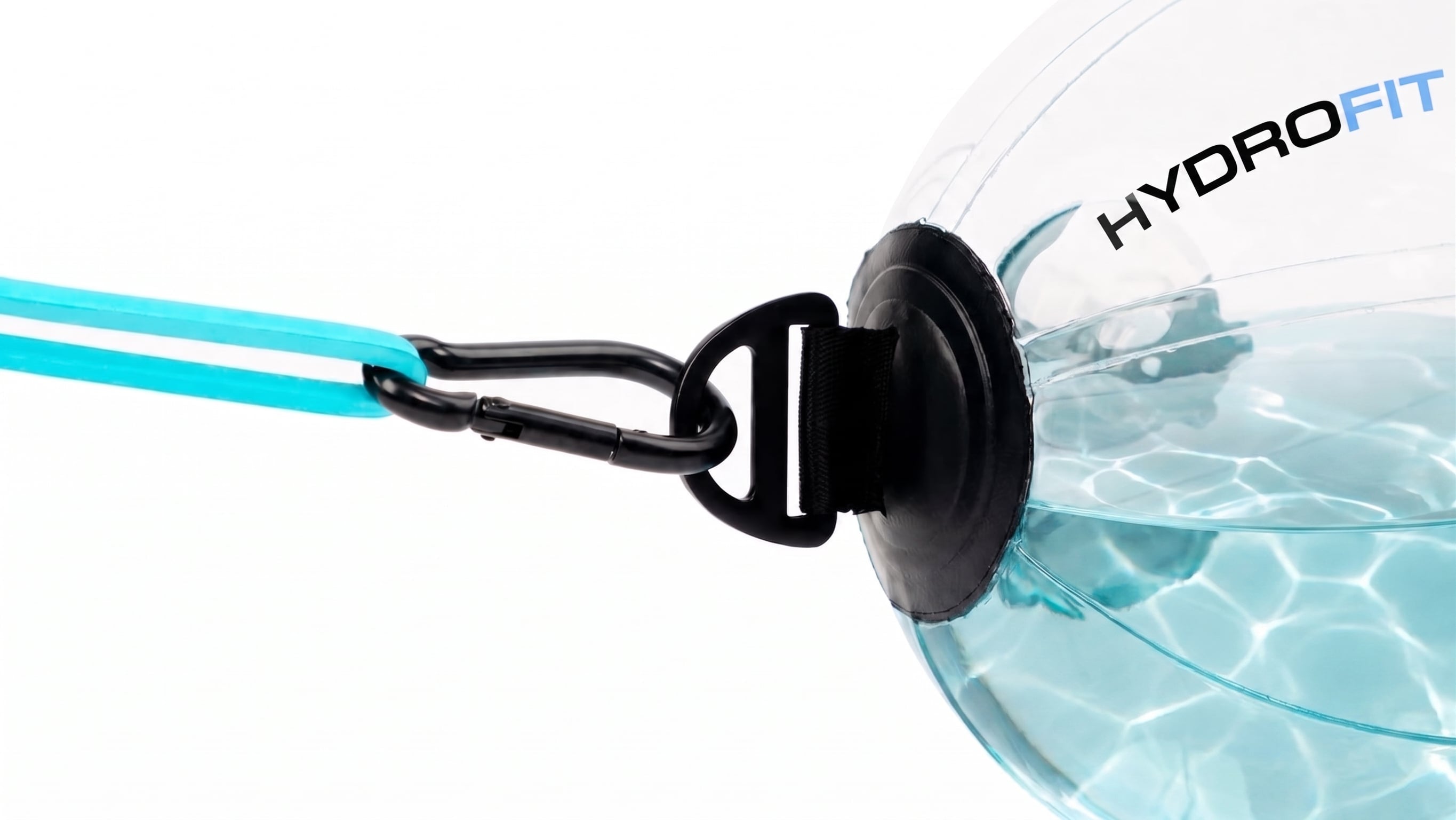 Close-up of a HydroFit water ball half-filled with blue water, clipped to a resistance band by its carabiner.